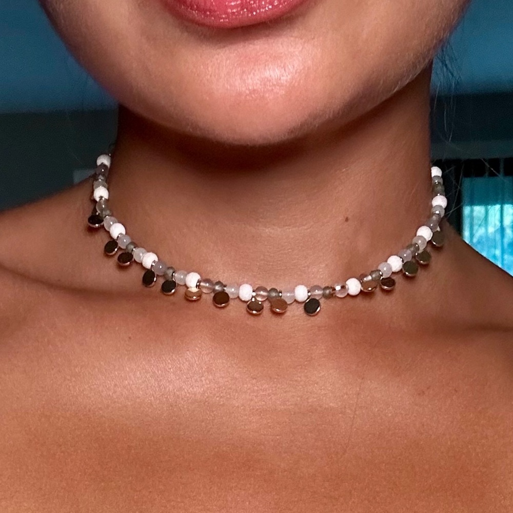 Beaded Choker Necklace with Gold Charms & White and Grey Beads